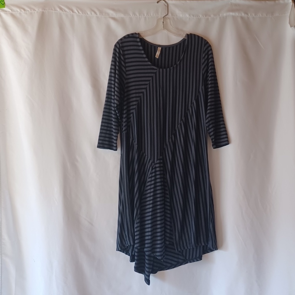 Match Point Tunic Dress Hi-Low Hem Black/Gray Striped Modal Lagenlook Size M